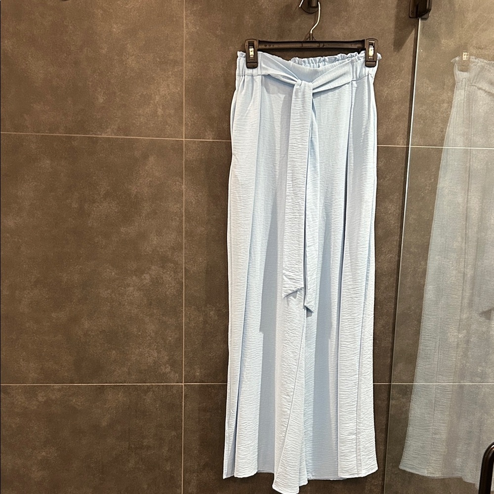 Wide Leg Tie-Waist Pants in Light Blue